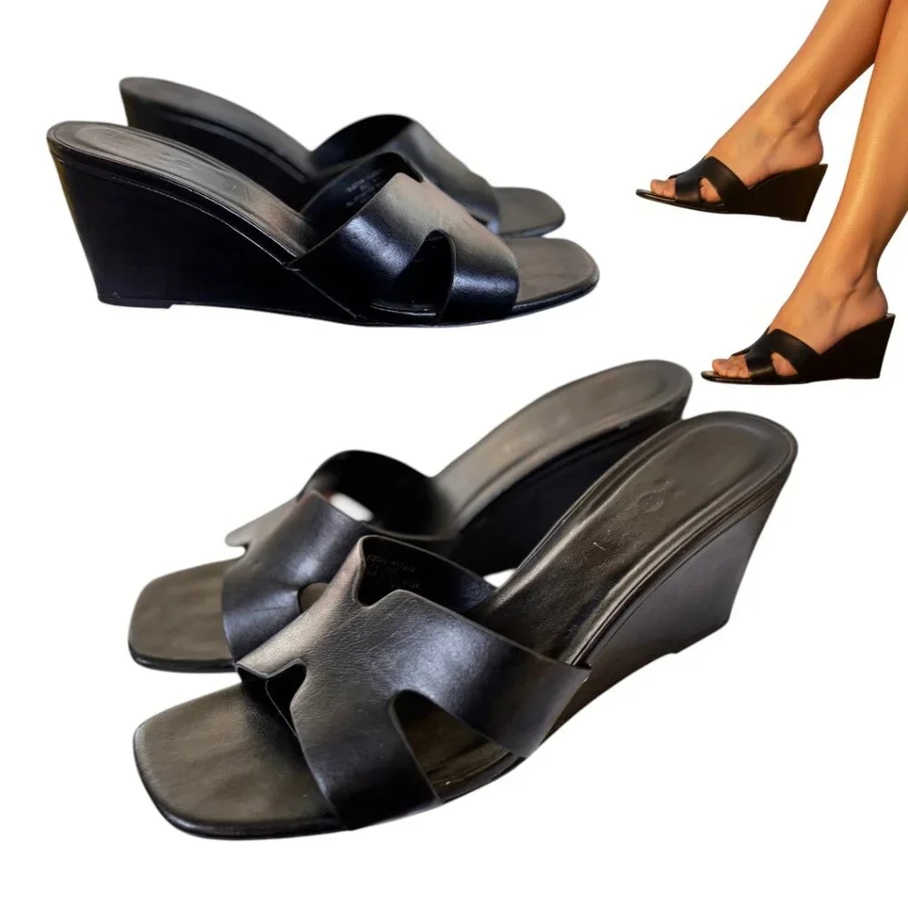 Y2K VINTAGE STEVE MADDEN GIRL‎ BLACK LEATHER MULES WEDGE SANDALS SIZE 9.5-10 EUC